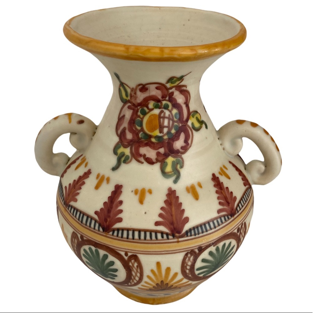 Vintage Spanish Ceramic Double Handle Vase Handmade Hand Painted
